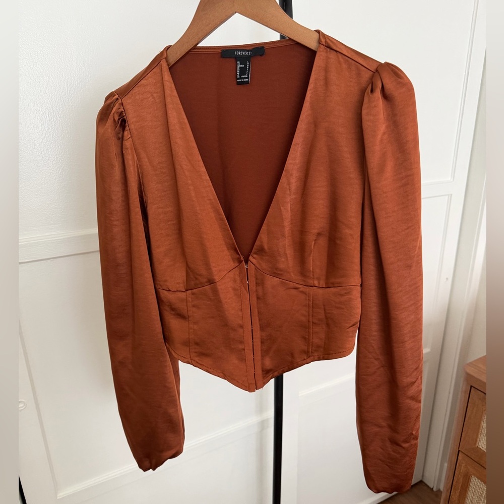 Rust Satin Deep V Zip-Front Blouse